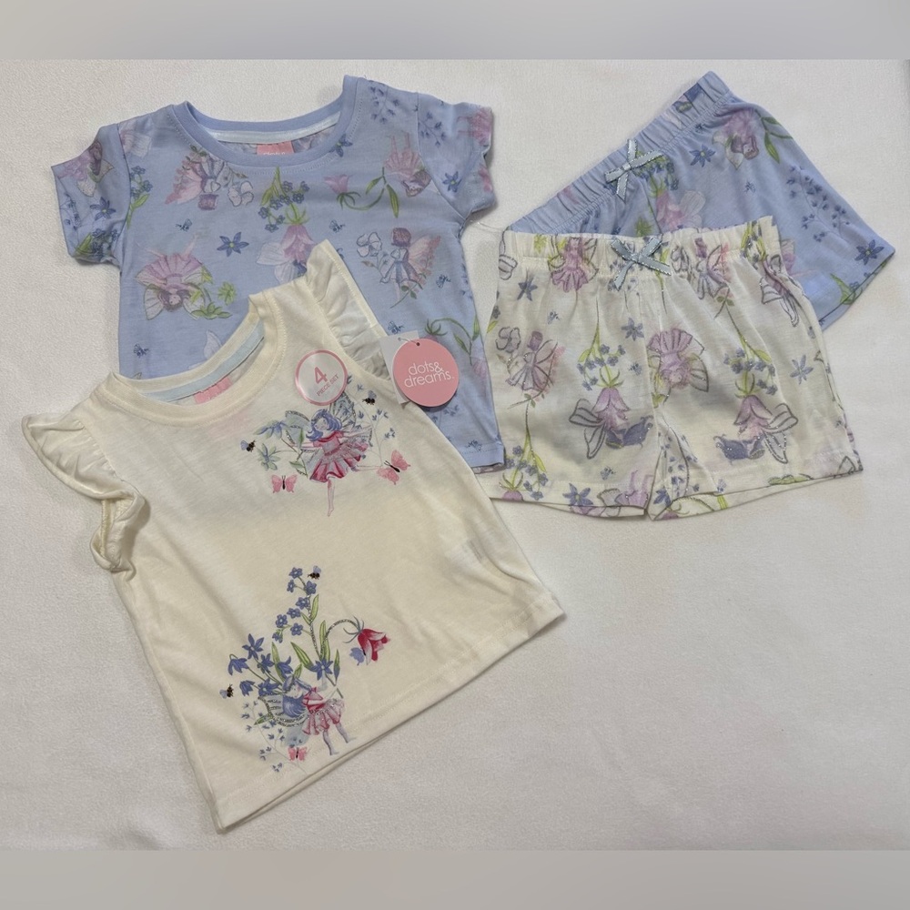Toddler Girl 2T Four Pc Set (2Tops 2Shorts) Periwinkle & Cream Fairy Print - NWT